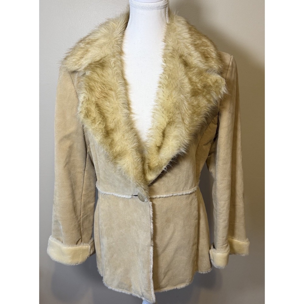 New York & Company Women Tan Leather Sherpa Faux fur lining coat jacket Medium